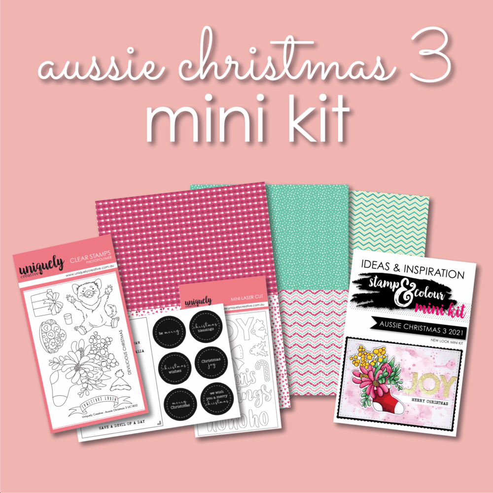 Uniquely Creative Aussie Christmas 3 Mini Kit showing papers, stamp, laser cut, cut-apart sheet and inspiration booklet.