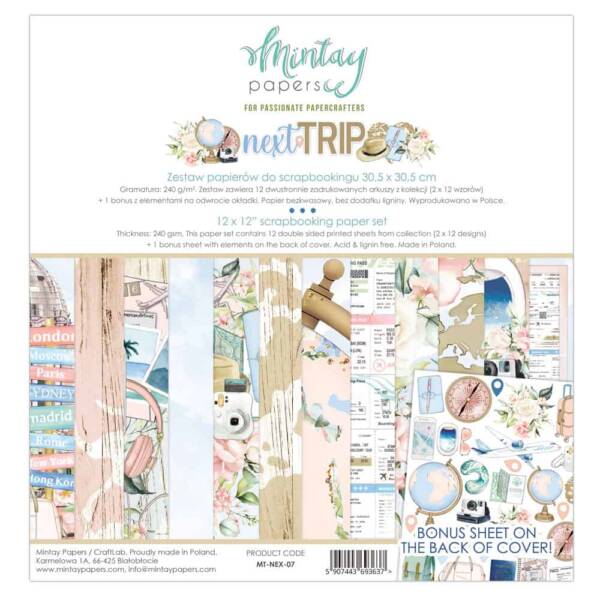 Mintay Next Trip 12x12 paper pack with travel-themed scrapbook papers including maps, luggage and postcards