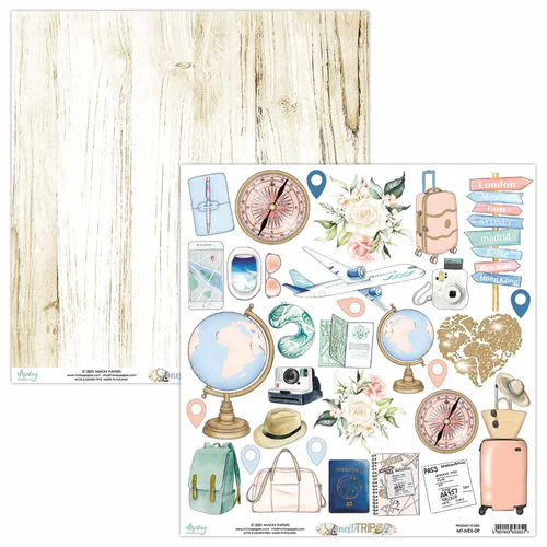 Mintay Next Trip double-sided scrapbook paper featuring travel-themed cut-apart icons on one side and a soft woodgrain background on the reverse.