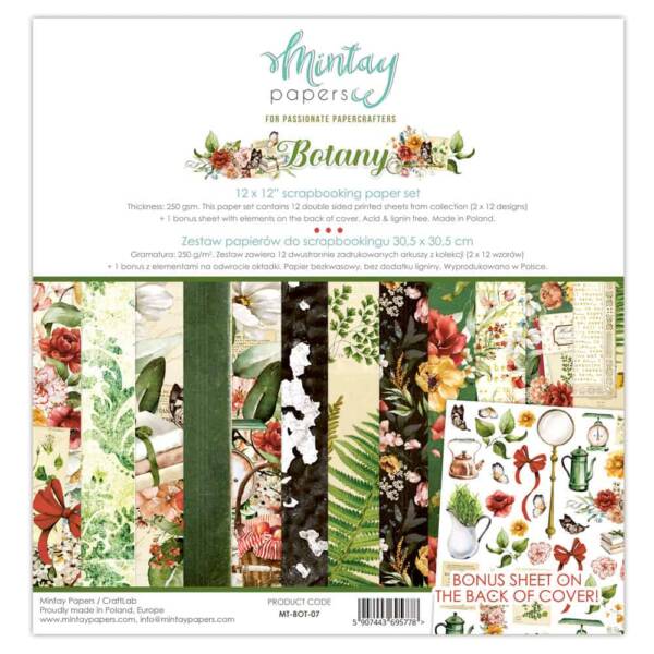 Mintay Botany 12x12 paper pack showing floral, botanical and garden-themed scrapbook papers with bonus cut-apart sheet.