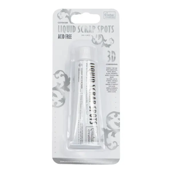 Couture Creations Liquid Scrap Spots adhesive tube in white and silver packaging, labelled acid free and 3D dimensional, 24g.