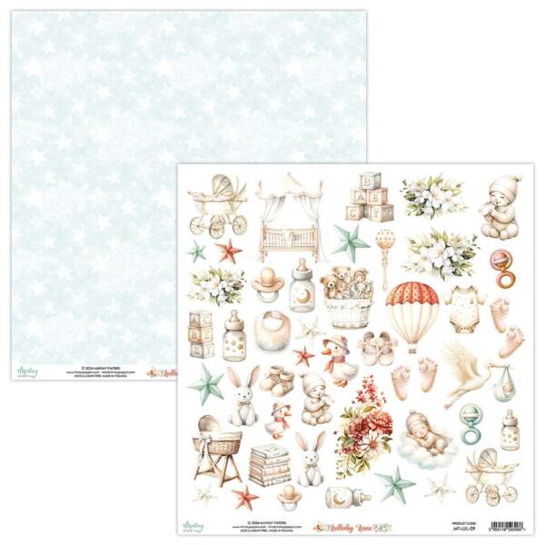 Mintay Lullaby Lane 12x12 fussy cut paper featuring baby-themed illustrations and a coordinating star-patterned reverse side.