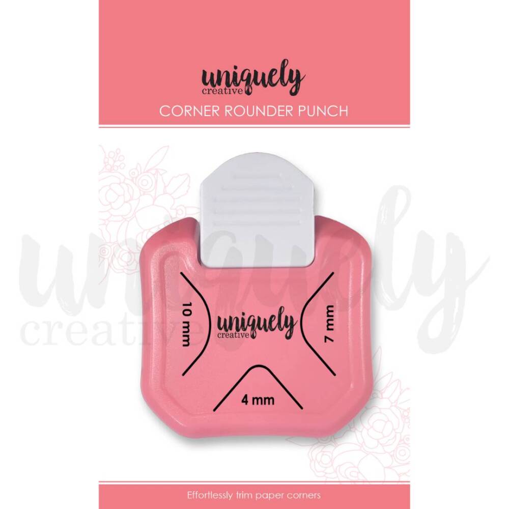 Uniquely Creative Corner Rounder Punch in pink with 4mm, 7mm, and 10mm cutting options, designed for scrapbooking and card-making.