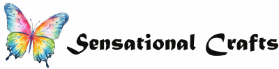Logo for Sensational Crafts: a vibrant rainbow watercolor butterfly on the left, with the words ‘Sensational Crafts’ in bold black brush-style lettering.