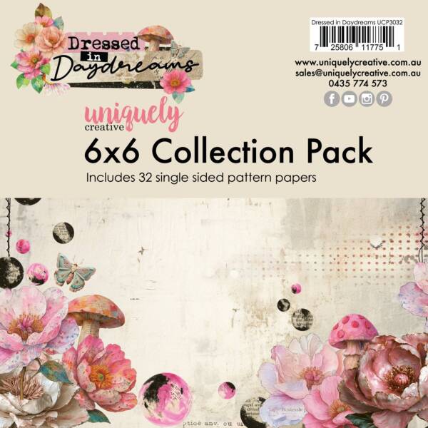 Dressed in Daydreams 6x6 paper collection pack cover from Uniquely Creative showing all eight coordinated designs in miniature. This image visually represents the full paper range, also available in 12x12 format.