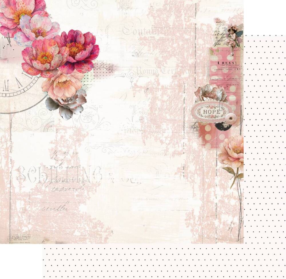 Notes of Grace scrapbook paper showing floral front and subtle pink patterned back from Uniquely Creative’s Dressed in Daydreams collection. This image represents the design featured in both the 12x12 and 6x6 paper formats.