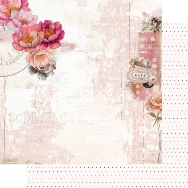 Notes of Grace scrapbook paper showing floral front and subtle pink patterned back from Uniquely Creative’s Dressed in Daydreams collection. This image represents the design featured in both the 12x12 and 6x6 paper formats.