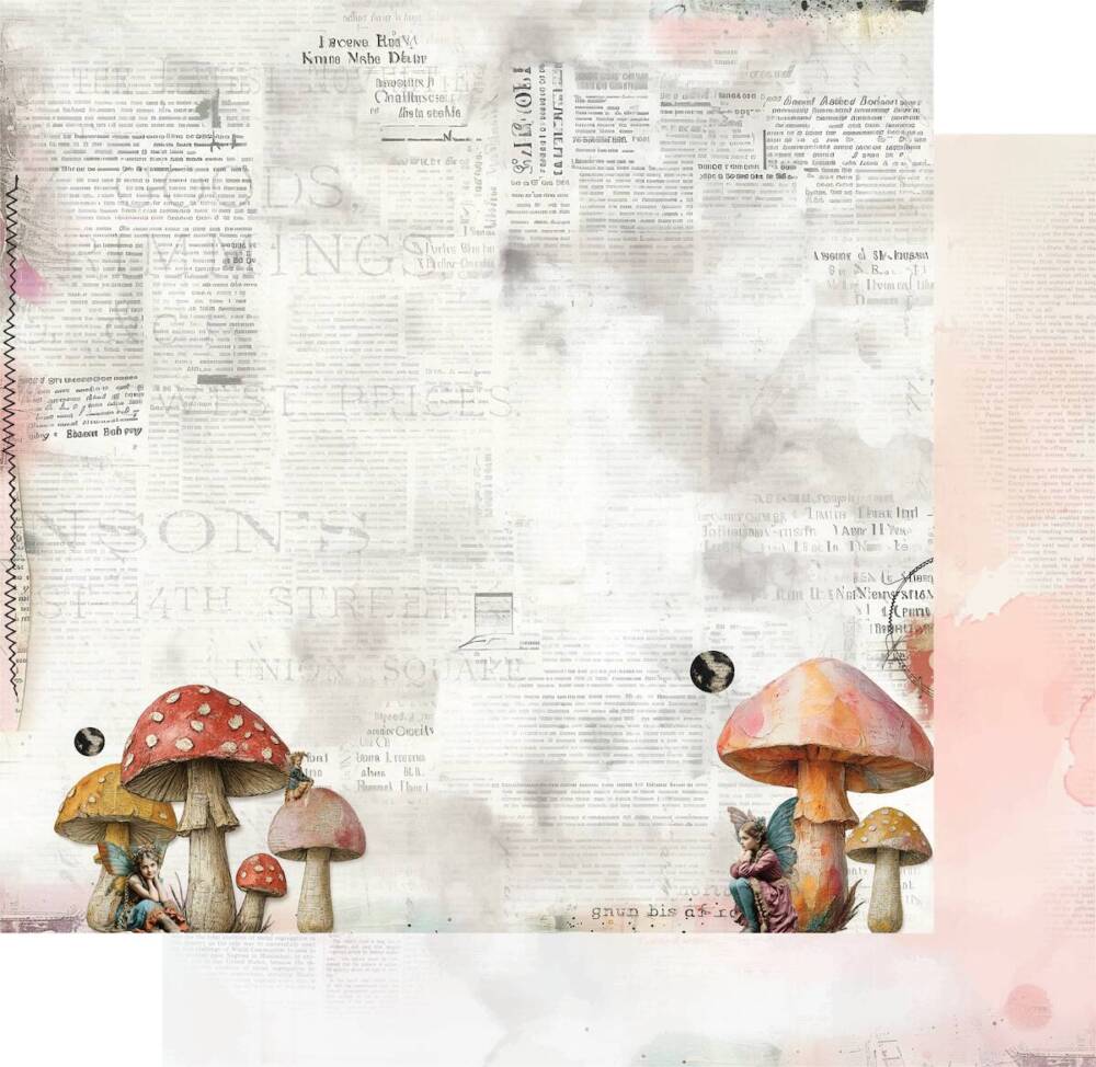 The Story Beneath scrapbook paper showing whimsical mushrooms and faded vintage text from Uniquely Creative’s Dressed in Daydreams collection. This image represents the design featured in both the 12x12 and 6x6 paper formats.