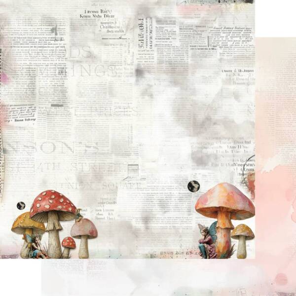 The Story Beneath scrapbook paper showing whimsical mushrooms and faded vintage text from Uniquely Creative’s Dressed in Daydreams collection. This image represents the design featured in both the 12x12 and 6x6 paper formats.
