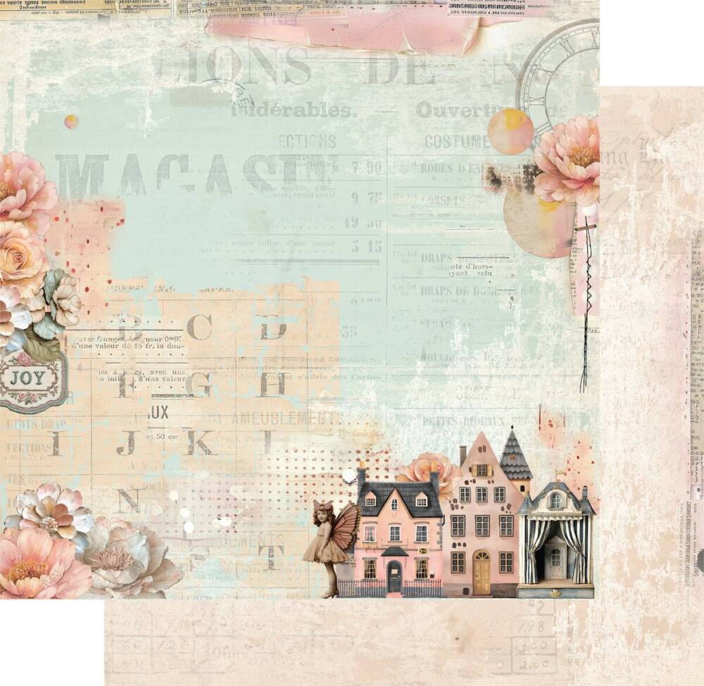 Dream Street scrapbook paper showing pastel houses, soft florals, and vintage layers from Uniquely Creative’s Dressed in Daydreams collection. This image represents the design featured in both the 12x12 and 6x6 paper formats.