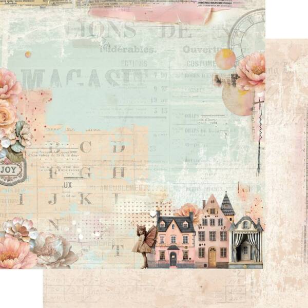 Dream Street scrapbook paper showing pastel houses, soft florals, and vintage layers from Uniquely Creative’s Dressed in Daydreams collection. This image represents the design featured in both the 12x12 and 6x6 paper formats.