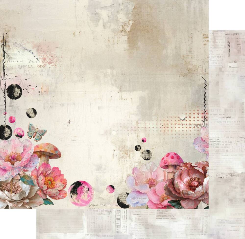 Once in a Bloom scrapbook paper showing pink florals and vintage textures from Uniquely Creative’s Dressed in Daydreams collection. This image represents the design featured in both the 12x12 and 6x6 paper formats.