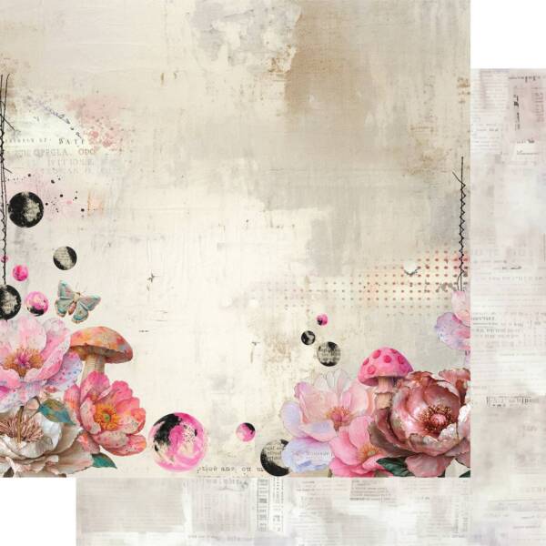 Once in a Bloom scrapbook paper showing pink florals and vintage textures from Uniquely Creative’s Dressed in Daydreams collection. This image represents the design featured in both the 12x12 and 6x6 paper formats.