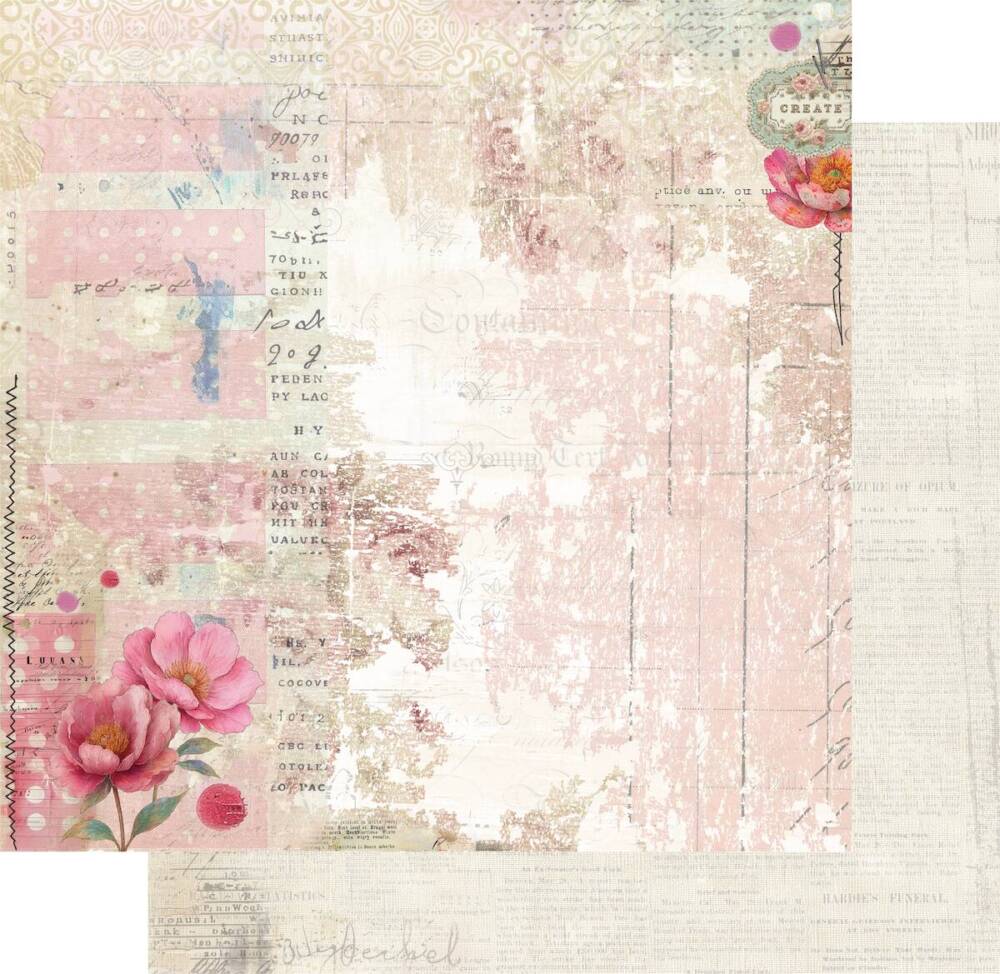 Kind of Lovely scrapbook paper showing soft pink florals, vintage stripes, and aged textures from Uniquely Creative’s Dressed in Daydreams collection. This image represents the design featured in both the 12x12 and 6x6 paper formats.
