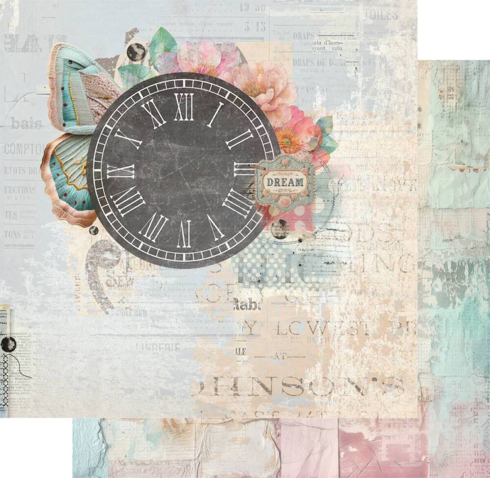 Daydream Hour scrapbook paper showing a vintage clock with pastel florals and soft textured background from Uniquely Creative’s Dressed in Daydreams collection. This image represents the design featured in both the 12x12 and 6x6 paper formats.