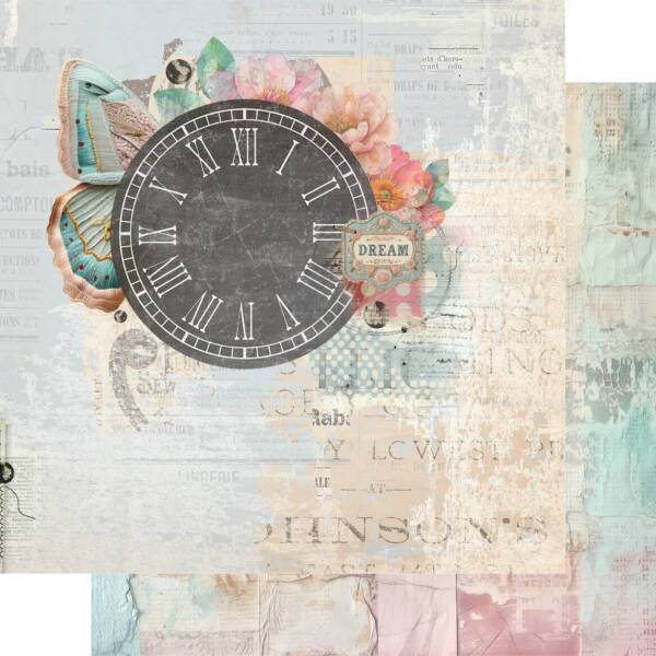 Daydream Hour scrapbook paper showing a vintage clock with pastel florals and soft textured background from Uniquely Creative’s Dressed in Daydreams collection. This image represents the design featured in both the 12x12 and 6x6 paper formats.