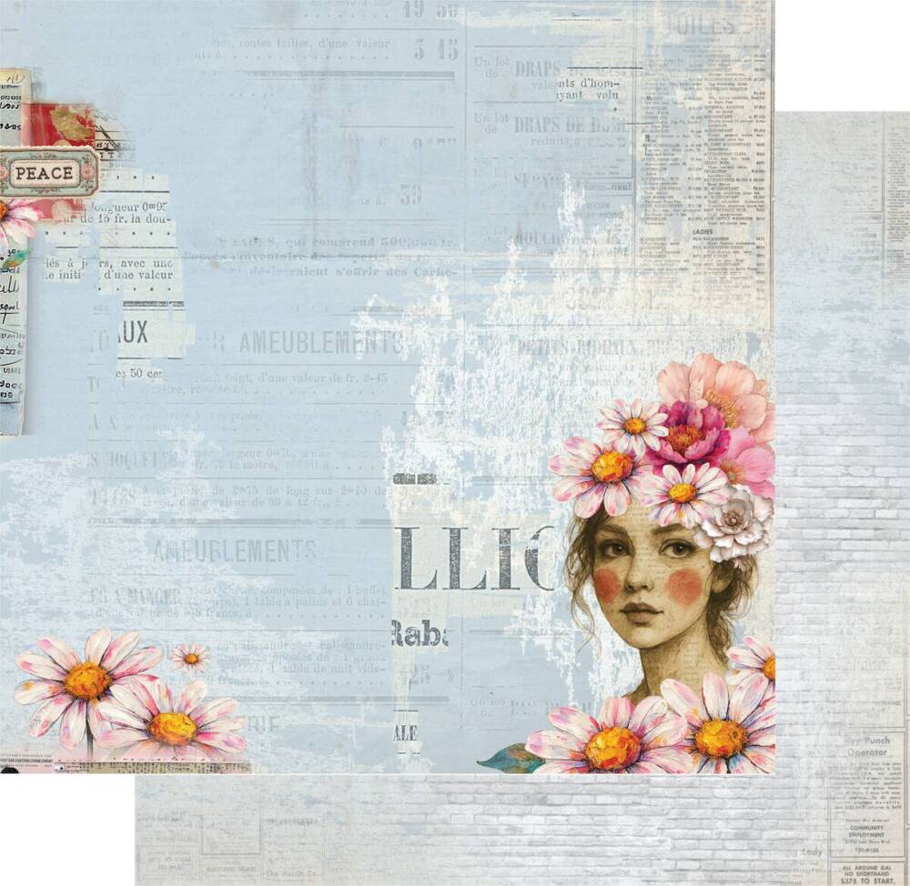Wild Daisy scrapbook paper showing an illustrated floral portrait with blue and pink tones from Uniquely Creative’s Dressed in Daydreams collection. This image represents the design featured in both the 12x12 and 6x6 paper formats.