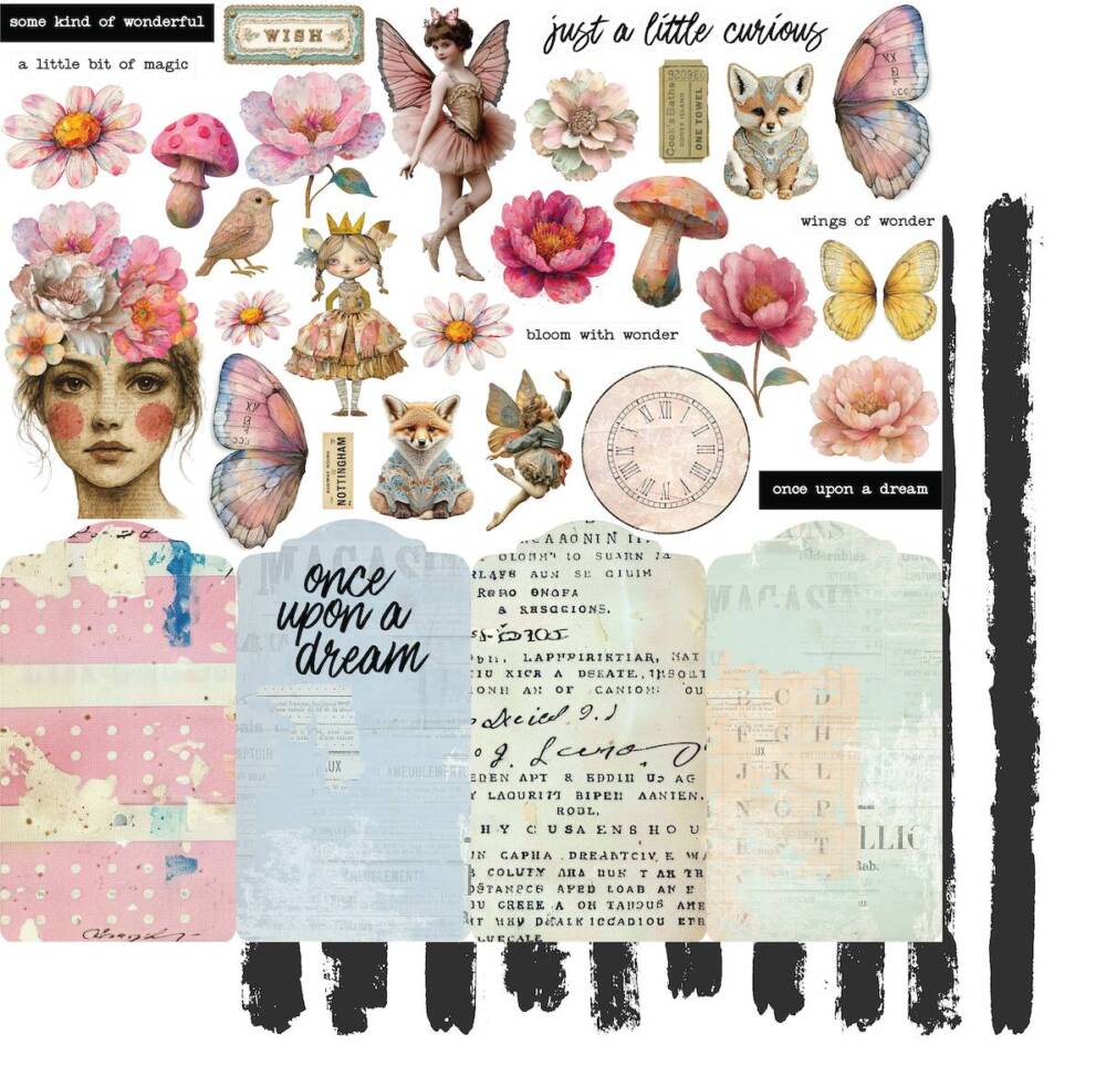 Little Curiosities scrapbook paper showing whimsical cut-apart elements with florals, fairies, and mushrooms from Uniquely Creative’s Dressed in Daydreams collection. This image represents the design featured in both the 12x12 and 6x6 paper formats.