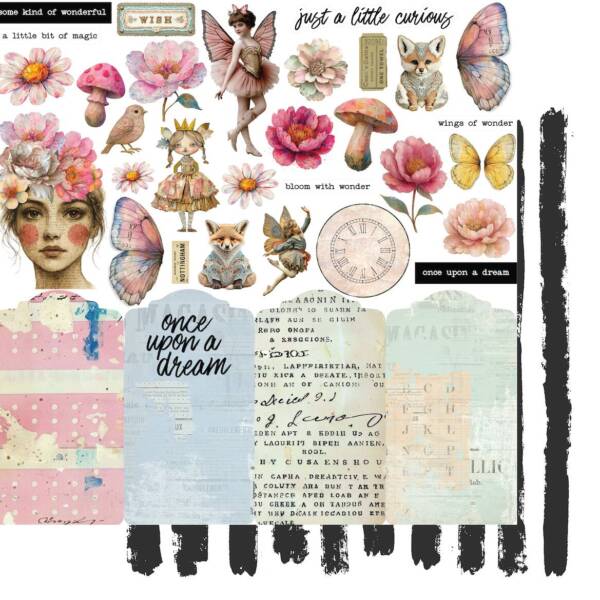 Little Curiosities scrapbook paper showing whimsical cut-apart elements with florals, fairies, and mushrooms from Uniquely Creative’s Dressed in Daydreams collection. This image represents the design featured in both the 12x12 and 6x6 paper formats.