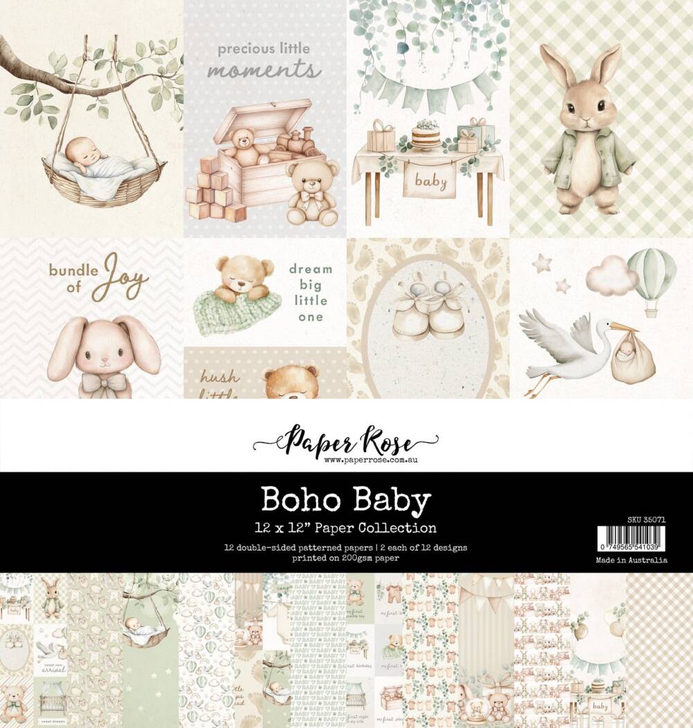Paper Rose Boho Baby 12x12 scrapbook paper collection pack with illustrated baby motifs and soft boho designs