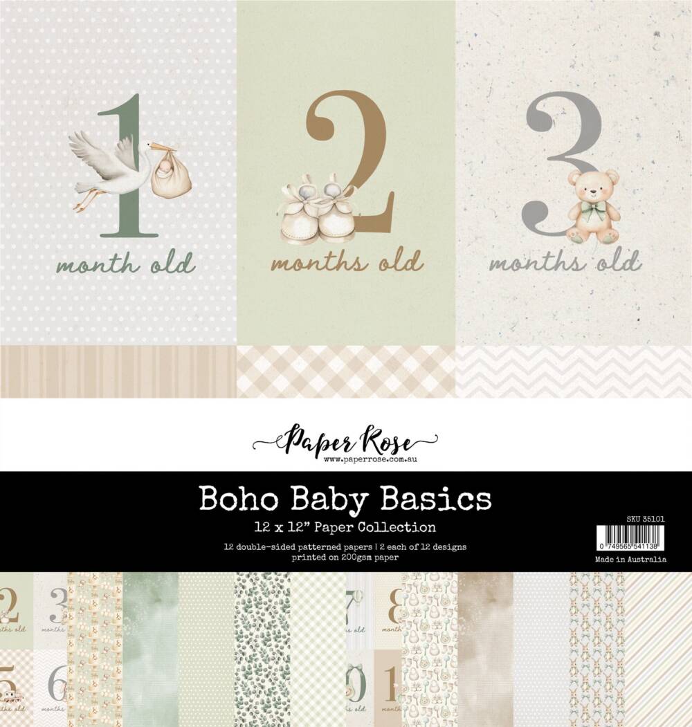 Paper Rose Boho Baby Basics 12x12 scrapbook paper collection pack featuring soft neutral baby designs