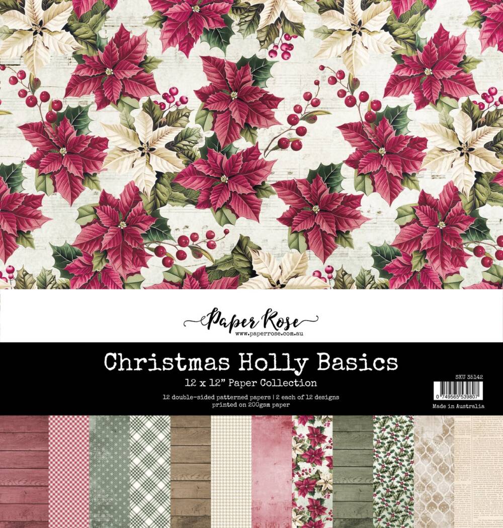 Paper Rose Christmas Holly Basics 12x12 scrapbook paper collection pack with poinsettia and festive patterns