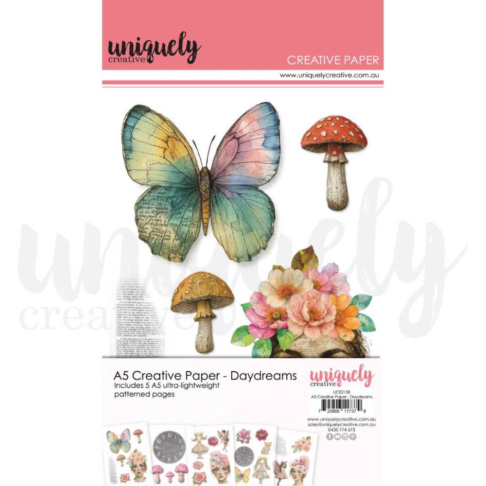 A5 Creative Paper – Daydreams pack featuring butterflies, mushrooms and florals from Uniquely Creative’s Dressed in Daydreams collection.