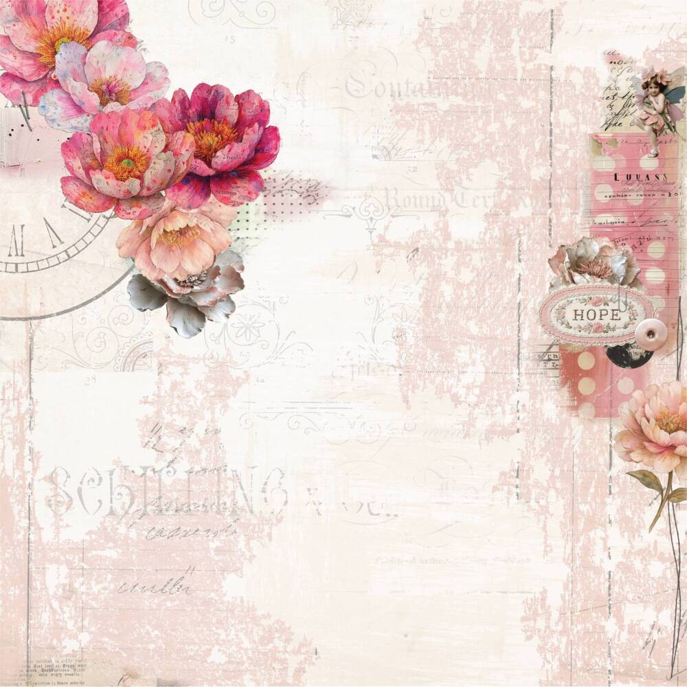 Front design of Uniquely Creative Notes of Grace 12x12 paper showing detailed blush and pink floral artwork with vintage background.