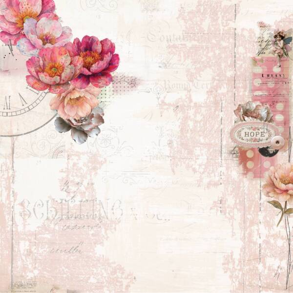 Front design of Uniquely Creative Notes of Grace 12x12 paper showing detailed blush and pink floral artwork with vintage background.
