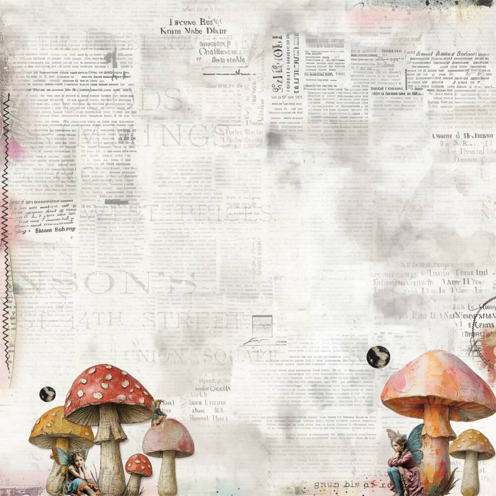 Front design of The Story Beneath 12x12 scrapbook paper featuring red and tan mushrooms with faded text from Uniquely Creative’s Dressed in Daydreams collection.