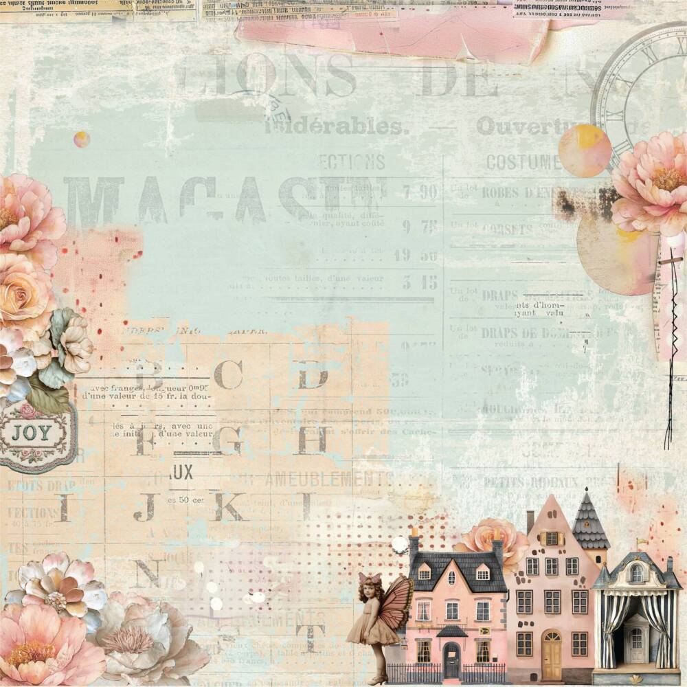 Front side of Dream Street 12x12 scrapbook paper showing pastel village houses, soft pink florals, and faded text from Uniquely Creative’s Dressed in Daydreams collection.