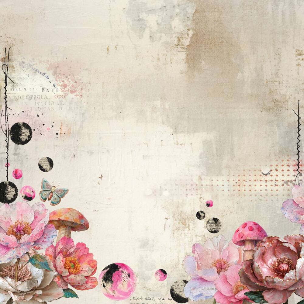 Front design of Once in a Bloom scrapbook paper with soft pink florals, mushrooms, and vintage blended background from Uniquely Creative’s Dressed in Daydreams collection.