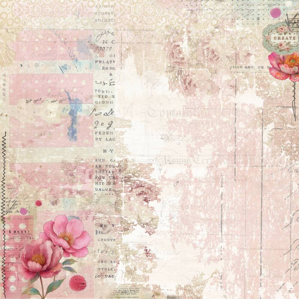 Front design of Kind of Lovely scrapbook paper featuring soft pink florals, layered stripes, and distressed textures from Uniquely Creative’s Dressed in Daydreams collection.