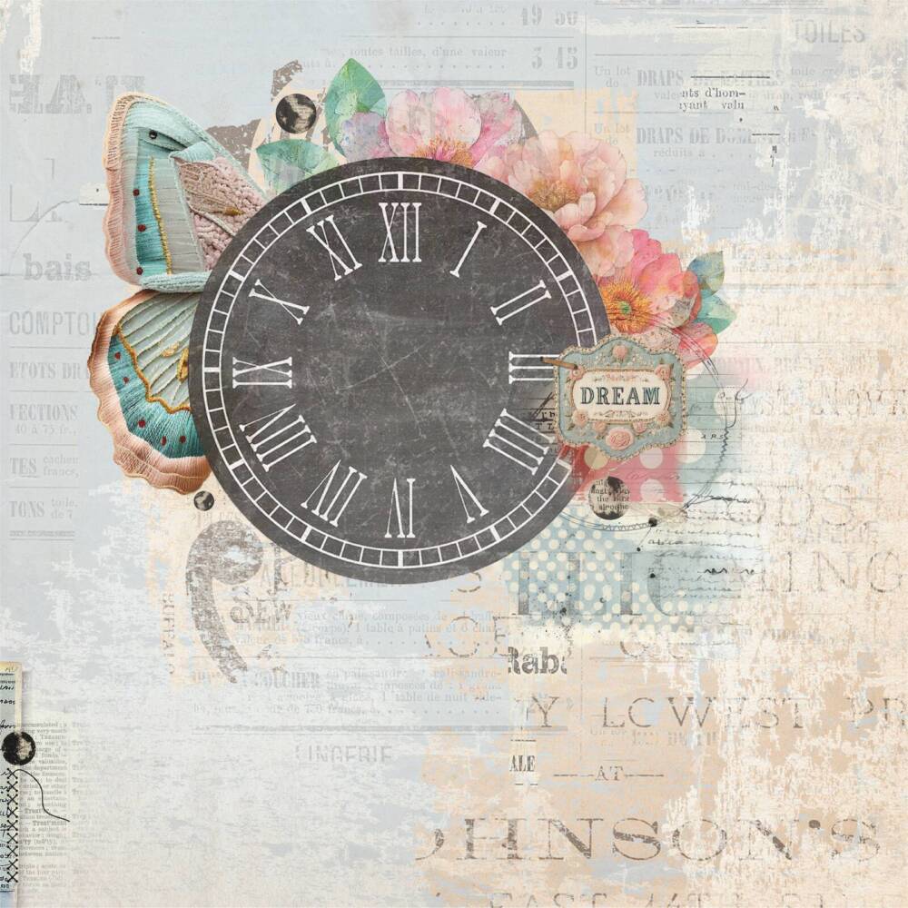 Front design of Daydream Hour scrapbook paper featuring a vintage clock face, layered text, and soft pastel florals from Uniquely Creative’s Dressed in Daydreams collection.