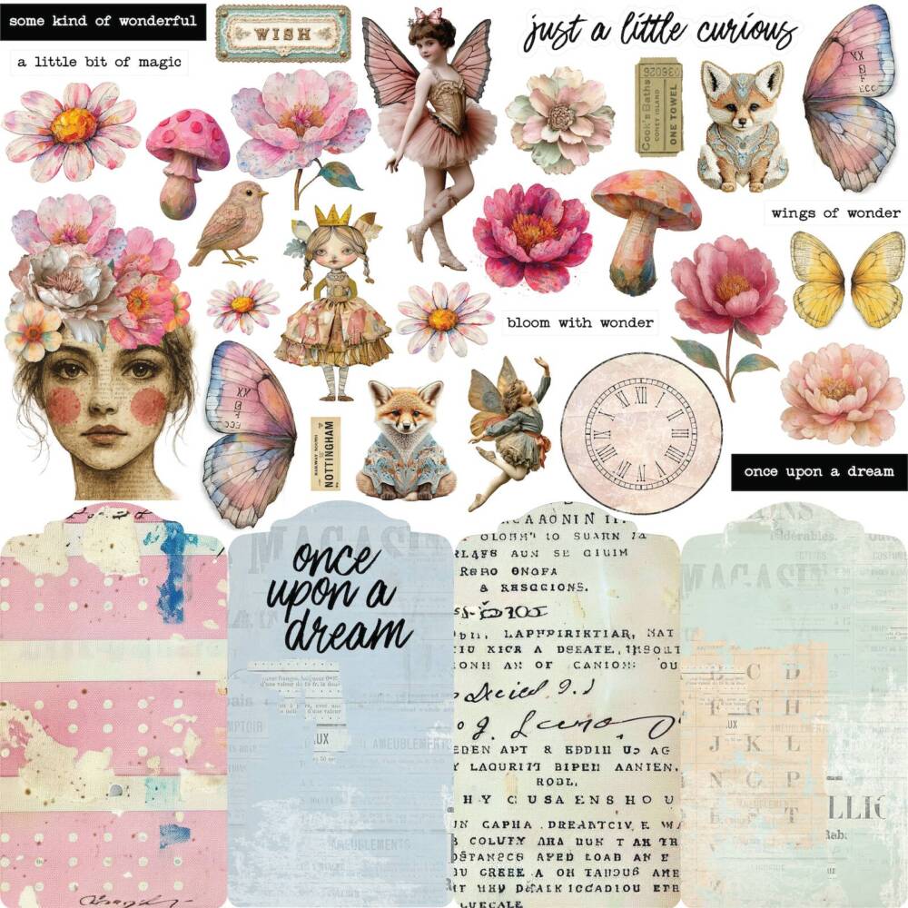 Front of Little Curiosities scrapbook paper featuring whimsical cut-apart design with fairies and mushrooms from Uniquely Creative’s Dressed in Daydreams collection.