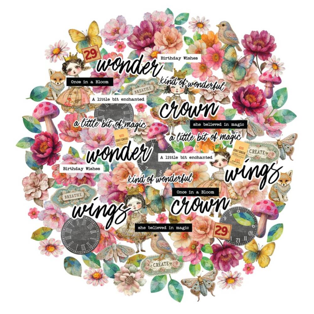 Dressed in Daydreams Creative Cuts sheet featuring florals, mushrooms, butterflies, sentiments, and whimsical elements from Uniquely Creative.