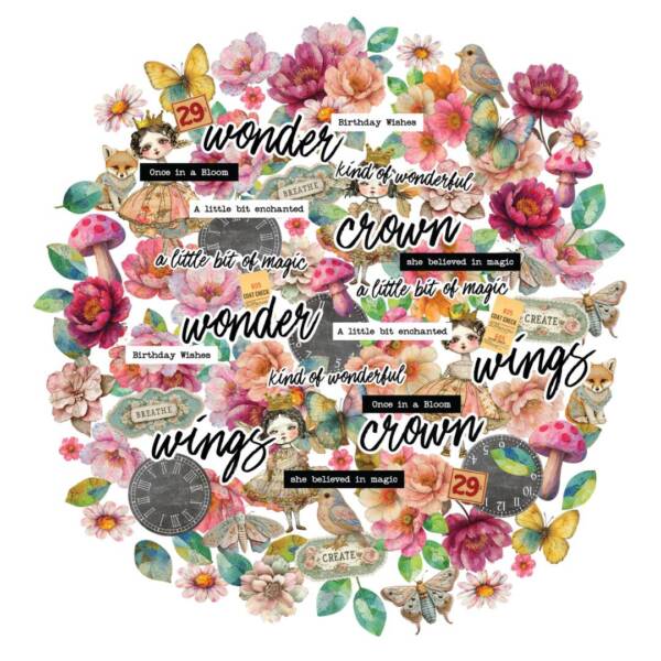 Dressed in Daydreams Creative Cuts sheet featuring florals, mushrooms, butterflies, sentiments, and whimsical elements from Uniquely Creative.