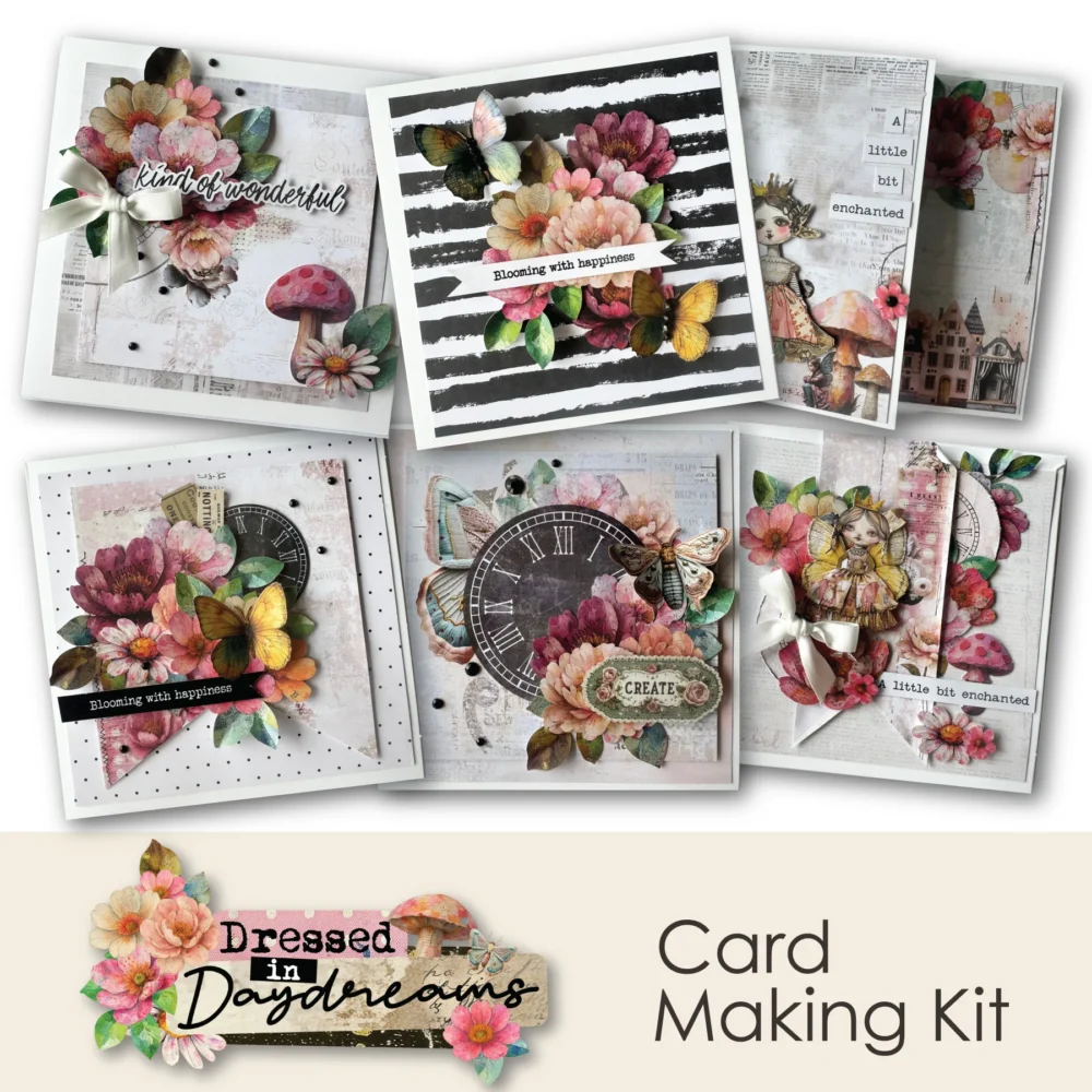 Handmade floral cards created using the Dressed in Daydreams Card Making Kit by Uniquely Creative, featuring soft florals, butterflies, and vintage accents.