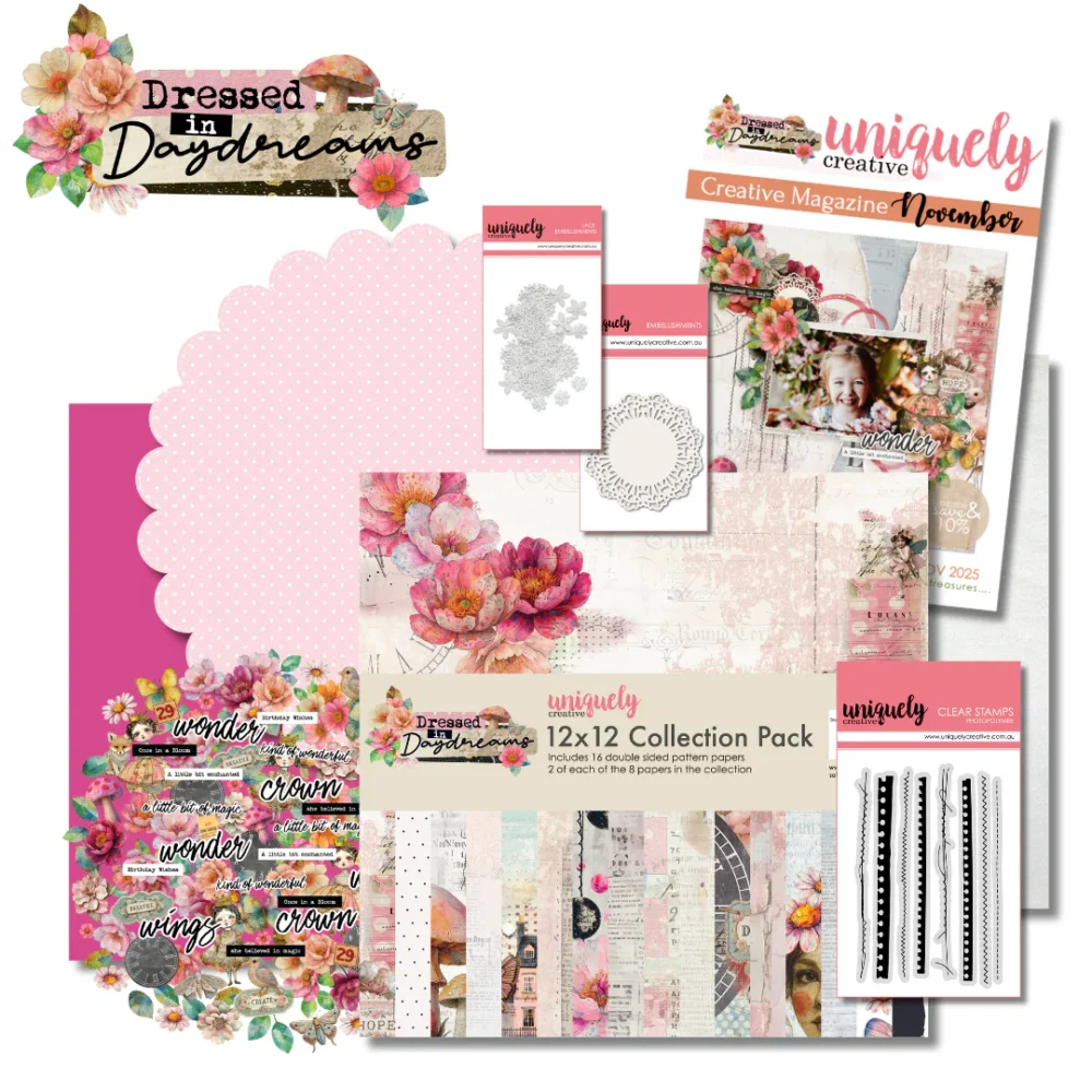 Full contents of the Dressed in Daydreams Creative Kit including collection pack, Creative Cuts, stamps, dies, and embellishments.