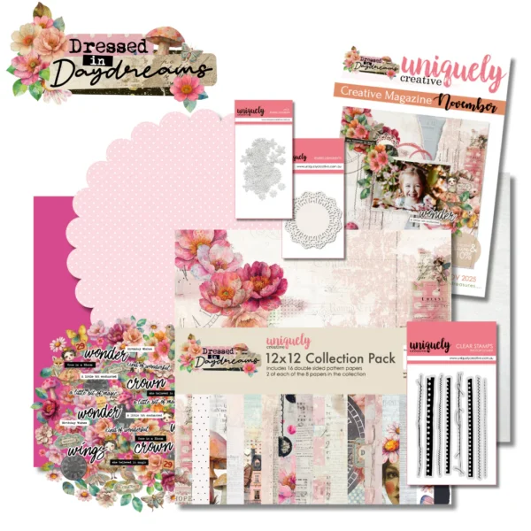 Full contents of the Dressed in Daydreams Creative Kit including collection pack, Creative Cuts, stamps, dies, and embellishments.
