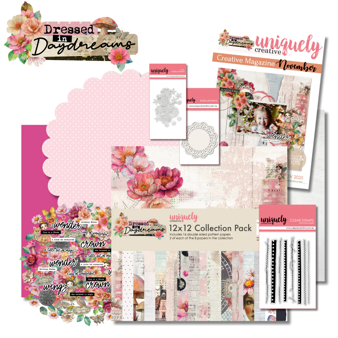 Full contents of the Dressed in Daydreams Creative Kit including collection pack, Creative Cuts, stamps, dies, and embellishments.