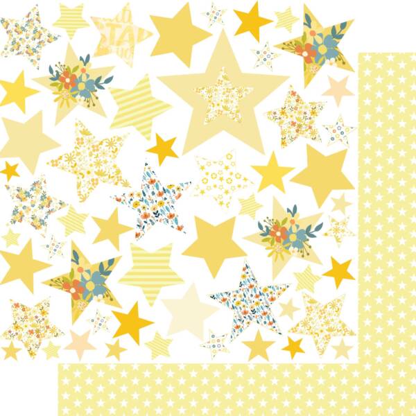 Bright Star paper from the Written in the Stars collection featuring layered star motifs in yellow, gold, and soft florals
