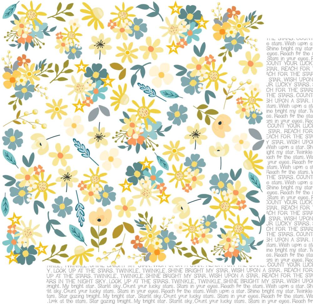 Star Shine paper from the Written in the Stars collection featuring a scattered floral and star pattern in soft blue, yellow, and warm tones