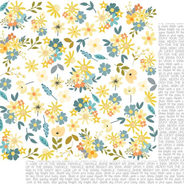 Star Shine paper from the Written in the Stars collection featuring a scattered floral and star pattern in soft blue, yellow, and warm tones