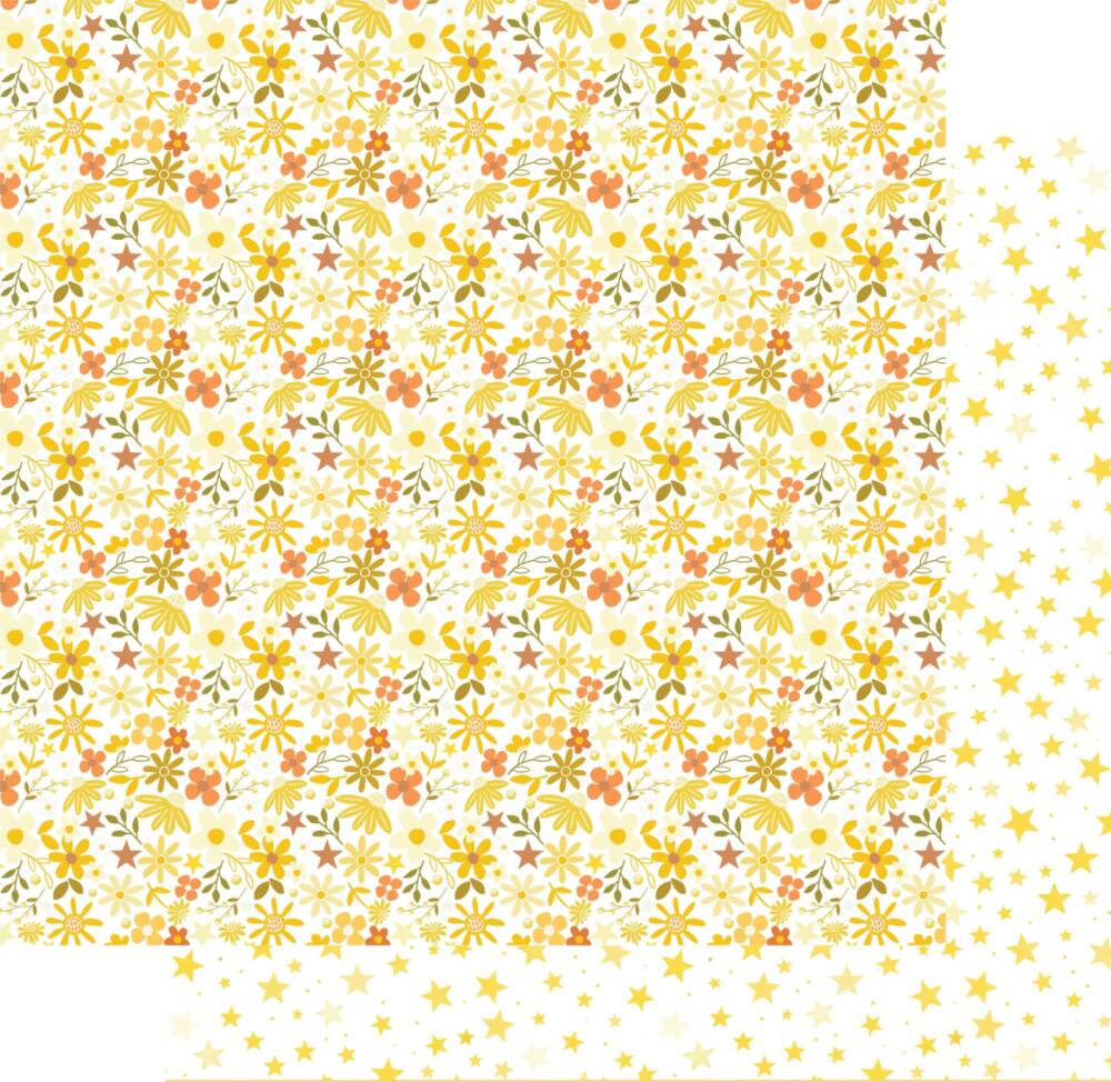 Starry Eyed paper from the Written in the Stars collection featuring a dense floral pattern with scattered star details in warm yellow, soft orange, and neutral tones