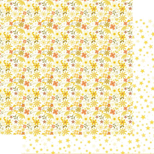 Starry Eyed paper from the Written in the Stars collection featuring a dense floral pattern with scattered star details in warm yellow, soft orange, and neutral tones