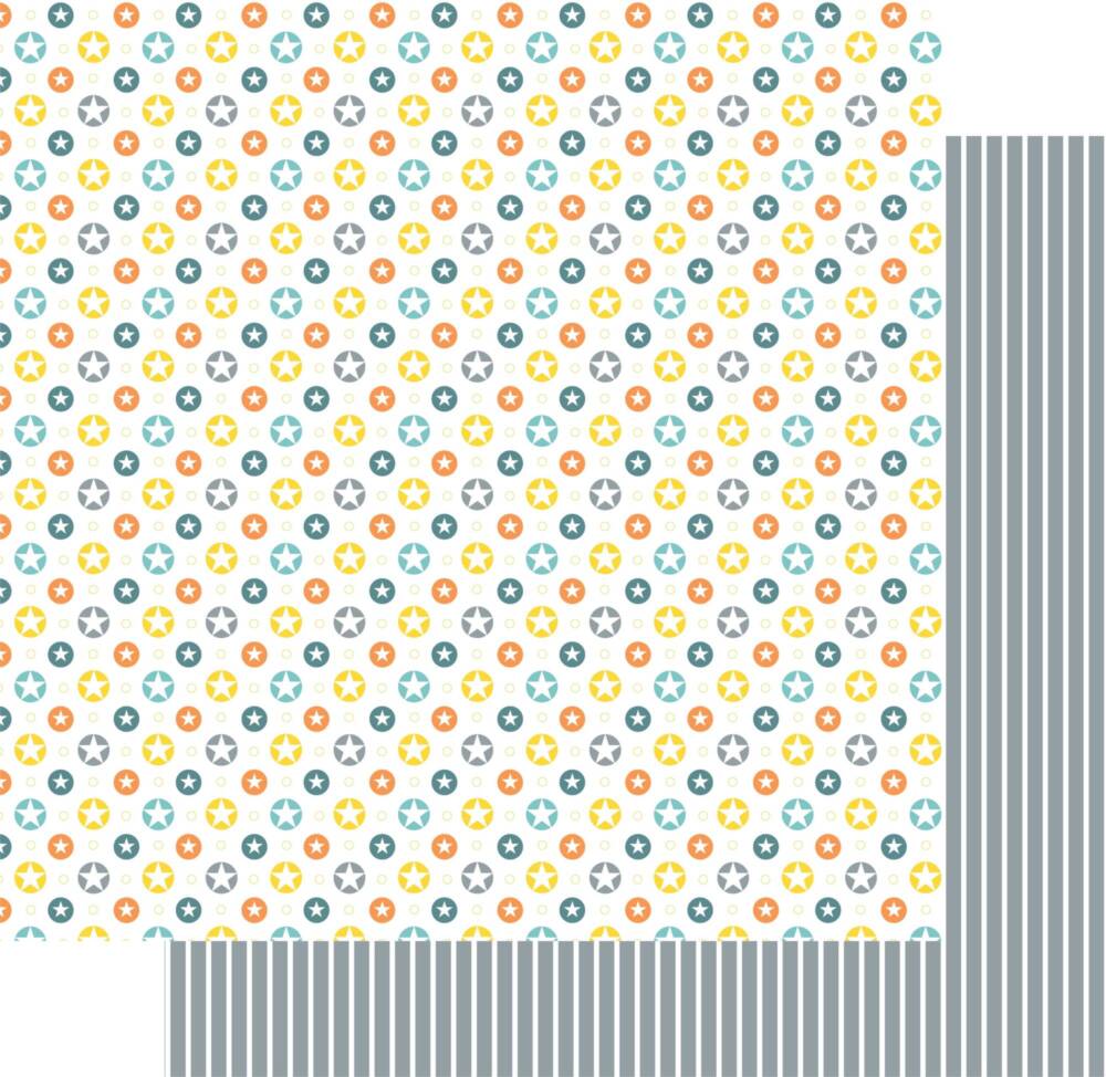 Glow patterned scrapbook paper featuring repeating star icons in blue, yellow and orange tones with a coordinating blue stripe reverse design