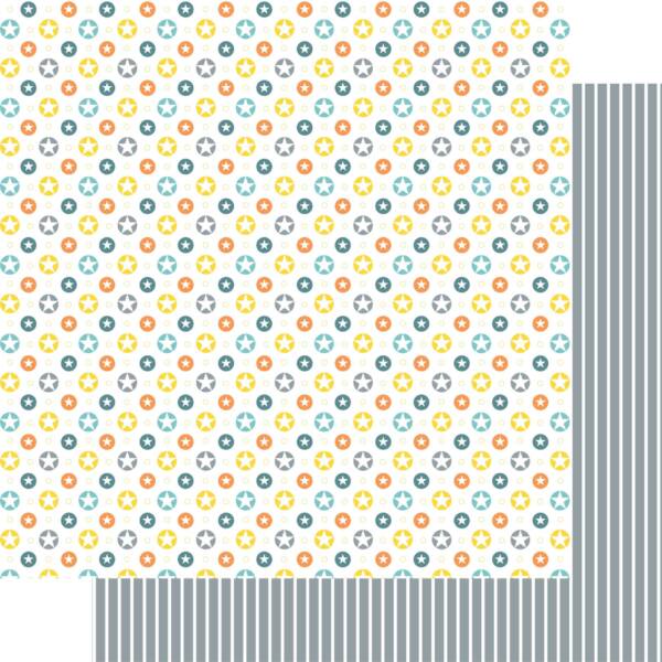 Glow patterned scrapbook paper featuring repeating star icons in blue, yellow and orange tones with a coordinating blue stripe reverse design