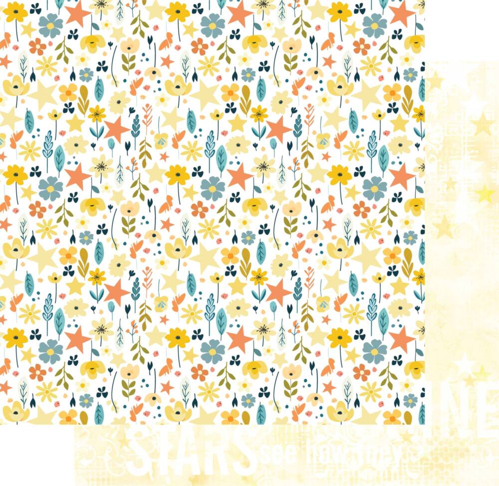 Starlit Garden patterned scrapbook paper featuring scattered florals, leaves and star motifs in blue, yellow and warm tones with a soft coordinating reverse design