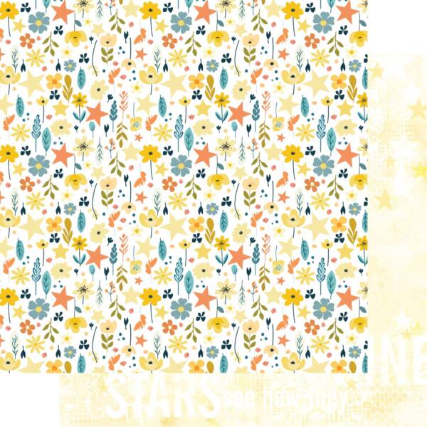 Starlit Garden patterned scrapbook paper featuring scattered florals, leaves and star motifs in blue, yellow and warm tones with a soft coordinating reverse design